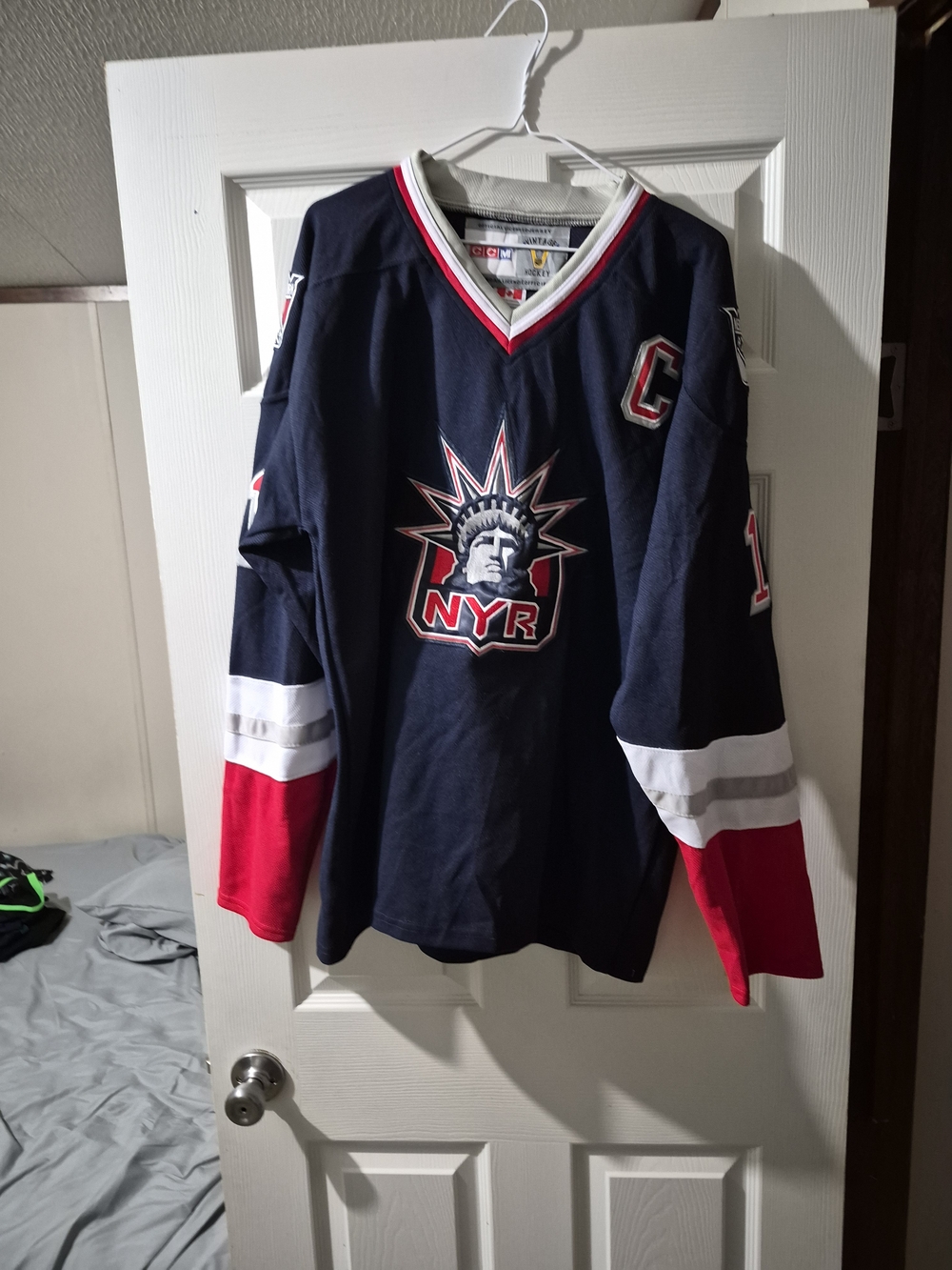 CCM New York Rangers Navy Blue Red White Hockey Jersey. Mark Messier